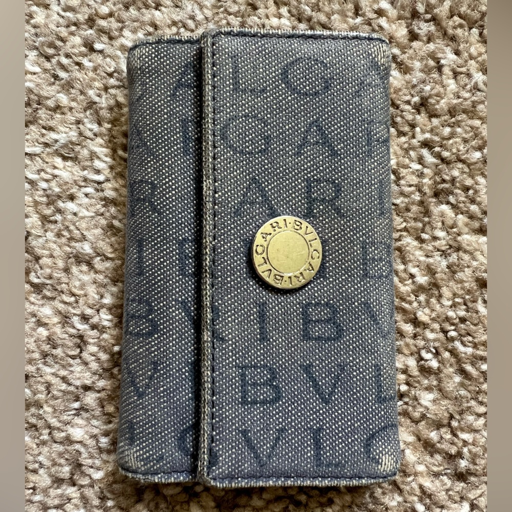 BVLGARI Blue Denim Key Holder Logo Mania Black Leather Interior 4 Hooks Luxury